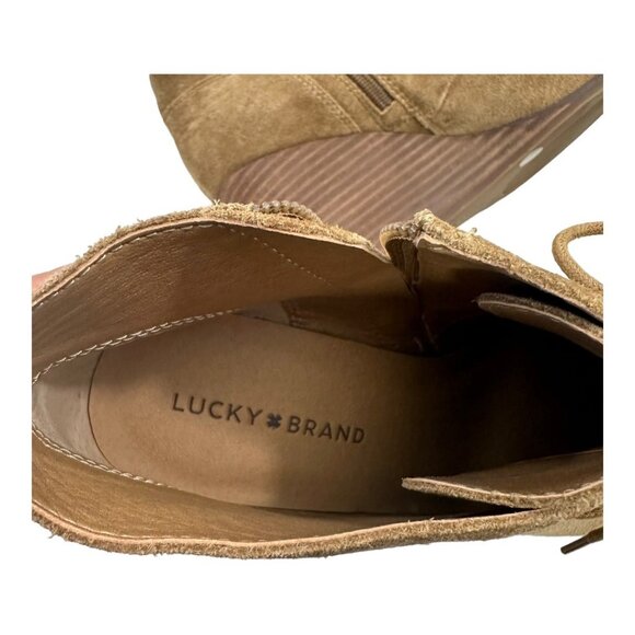 LUCKY BRAND SHYLOW Women SZ 9.5M/41 Brown Suede Leather Wedge Booties Lace Up - Picture 10 of 13
